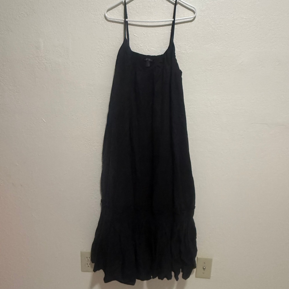 Banana Republic Black 100% Linen Tiered Midi Dress Womens Med Sleeveless Pocket